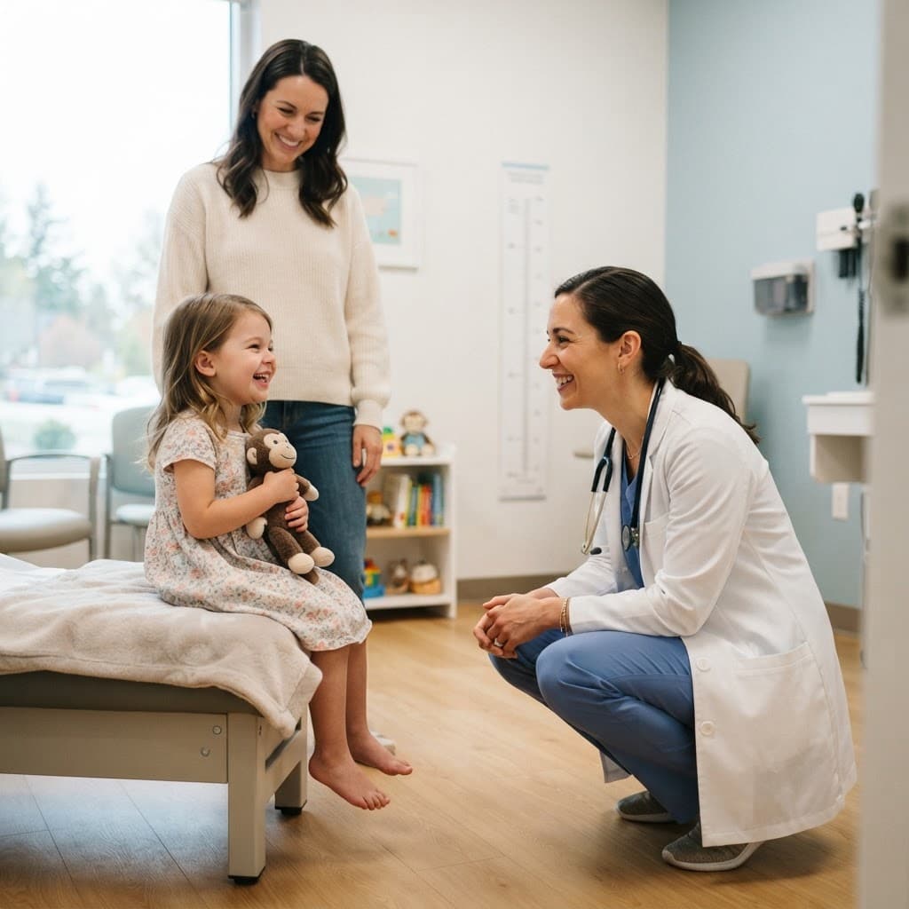 Médica conversando com uma criança acompanhada da mãe
