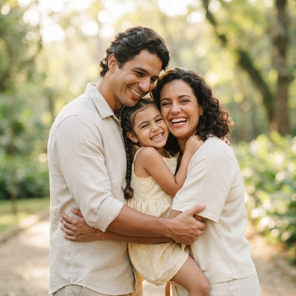 Família sorrindo em um momento ao ar livre