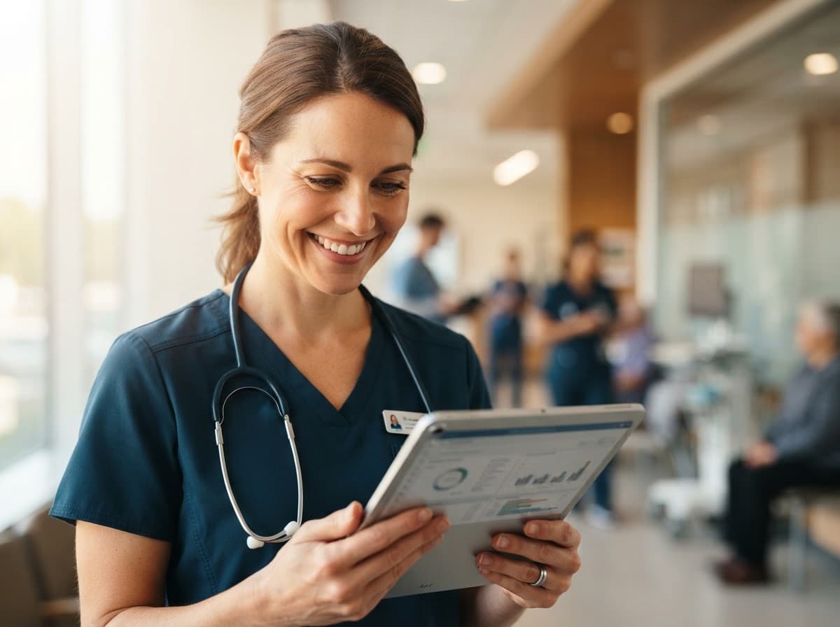 Profissional de saúde com tablet em uma clínica